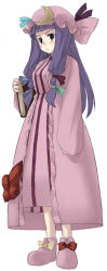 Rule 34 | 1girl, blush, book, crescent, dress, expressionless, female focus, frills, full body, hat, holding, holding book, jitome, kirisato itsuki, long hair, long sleeves, mob cap, patchouli knowledge, robe, simple background, slippers, solo, standing, touhou, white background, wide sleeves