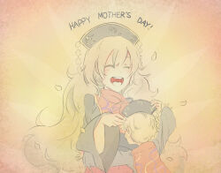 Rule 34 | 1boy, 1girl, blush, bofeng, chinese clothes, closed eyes, ears, english text, hair between eyes, happy, hat, hug, junko (touhou), light blush, long hair, long sleeves, mother&#039;s day, mother and son, open mouth, orange background, orange hair, smile, teeth, tongue, touhou, ziren