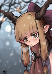Rule 34 | 1girl, ahoge, bow, breath, brown eyes, brown hair, hair bow, horns, ibuki suika, jean bomjan, jitome, long hair, oni horns, pointy ears, red bow, red scarf, scarf, shirt, signature, sleeveless, sleeveless shirt, snowing, solo, touhou, tree, upper body
