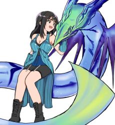 Rule 34 | 1girl, arm warmers, bike shorts, black hair, breasts, cleavage, final fantasy, final fantasy viii, full body, jewelry, leviathan (final fantasy), long hair, open mouth, pandaneko, rinoa heartilly, simple background, sleeveless, sleeveless duster, smile, solo, undershirt