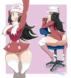 Rule 34 | 1girl, ass, beanie, black eyes, black hair, boots, bottomless, breasts, chair, coat, creatures (company), curvy, dawn (pokemon), feet out of frame, female focus, full body, game freak, gluteal fold, hat, highres, huge ass, licking lips, long hair, looking at viewer, medium breasts, multiple views, nintendo, no panties, pokemon, pokemon dppt, pokemon platinum, protoscene, pussy, sitting, smile, stretching, thick thighs, thigh gap, thighhighs, thighs, tongue, tongue out, uncensored, wide hips