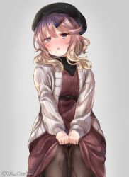 Rule 34 | 1girl, bad id, bad pixiv id, belt, blush, casual, clothes lift, commentary request, dress, dress lift, gradient hair, hair between eyes, hair ornament, hairclip, hat, juurouta, kantai collection, long hair, looking at viewer, multicolored hair, open mouth, purple hair, simple background, sitting, solo, sweater, thighhighs, tsushima (kancolle), wet