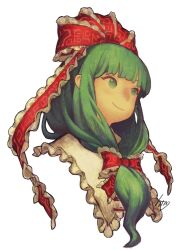 Rule 34 | 1girl, blunt bangs, bow, closed mouth, commentary request, frilled bow, frilled ribbon, frills, front ponytail, green eyes, green hair, hair ribbon, htm (gixig), kagiyama hina, long hair, looking afar, portrait, red bow, red ribbon, ribbon, signature, simple background, smile, solo, touhou, white background