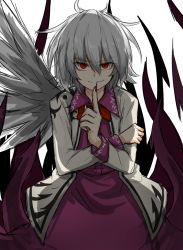 Rule 34 | 1girl, bad id, bad pixiv id, bags under eyes, evil smile, finger to mouth, highres, jacket, kankan33333, kishin sagume, looking at viewer, nail polish, open clothes, open jacket, red eyes, red nails, short hair, silver hair, single wing, smile, smirk, solo, touhou, wings