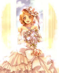 Rule 34 | 1girl, :d, bouquet, brown eyes, brown hair, collarbone, detached sleeves, dress, flower, hair ornament, holding, holding bouquet, jewelry, layered dress, long hair, looking at viewer, necklace, open mouth, petra ral, raven-y2, shingeki no kyojin, sleeveless, sleeveless dress, smile, solo, standing, strapless, strapless dress, striped clothes, striped dress, white dress, white flower