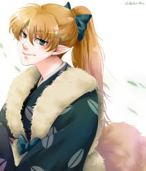 Rule 34 | 1boy, aged up, bow, brown hair, fox tail, fur vest, green eyes, green ribbon, hair bow, highres, inuyasha, kitsune, leaf print, long hair, looking at viewer, male focus, parted bangs, pixiv id 17173587, pointy ears, ponytail, ribbon, sash, shippou (inuyasha), simple background, sitting, solo, tail, vest