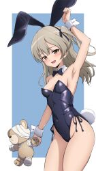 Rule 34 | 1girl, absurdres, animal ears, black bow, black bowtie, black leotard, blush, boko (girls und panzer), bow, bowtie, breasts, brown eyes, brown hair, covered navel, fake animal ears, fake tail, girls und panzer, highres, leotard, long hair, looking at viewer, nishizuki shino, open mouth, playboy bunny, rabbit ears, rabbit tail, shimada arisu, small breasts, smile, solo, stuffed toy, tail