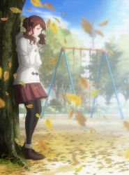 Rule 34 | 1girl, amagami, boots, brown hair, coat, fur-trimmed footwear, fur trim, highres, leaf, nakata sae, pantyhose, playground, screencap, solo, stitched, swing, third-party edit, tree, twintails