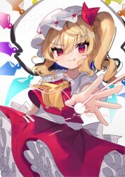 Rule 34 | 1girl, ascot, blonde hair, blush, closed mouth, collared shirt, crystal, fang, flandre scarlet, frilled skirt, frills, gunjou row, hat, highres, long hair, mob cap, one-hour drawing challenge, red eyes, red skirt, red vest, shirt, short sleeves, side ponytail, simple background, skirt, smile, solo, touhou, vest, white background, white hat, white shirt, wings, yellow ascot