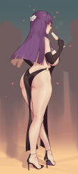 Rule 34 | 1girl, alternate costume, ass, black dress, black footwear, black gloves, blunt bangs, blunt ends, breasts, butt crack, butterfly hair ornament, caisan, closed mouth, cocktail dress, commentary request, cup, dress, elbow gloves, fern (sousou no frieren), from behind, full body, gloves, gluteal fold, hair ornament, heart, high heels, highres, large breasts, long hair, looking at viewer, looking back, o-ring, paid reward available, pelvic curtain, purple eyes, purple hair, revealing clothes, sideboob, silhouette, sleeveless, sleeveless dress, smile, solo focus, sousou no frieren, standing, straight hair