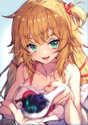 Rule 34 | 1girl, :d, akai haato, apron, aqua eyes, bad food, blonde hair, blush, breasts, food, giving, hair ornament, hair ribbon, heart, heart hair ornament, highres, holding, holding spoon, hololive, large breasts, long hair, looking at viewer, nail polish, naked apron, one side up, open mouth, red nails, red ribbon, redcomet, ribbon, smile, solo, spoon, very long hair, virtual youtuber