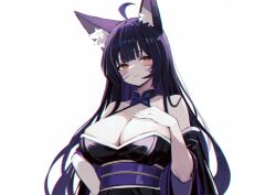 Rule 34 | 1girl, animal ears, azur lane, bare shoulders, black hair, blush, breasts, cleavage, commentary request, fox ears, fox girl, from below, hair between eyes, hand on own chest, hand on own hip, hand up, highres, japanese clothes, kimono, large breasts, long hair, looking at viewer, looking down, musashi (azur lane), off shoulder, orange eyes, phoenix (lanzilong646), purple hair, slit pupils, solo, upper body, very long hair, wide sleeves