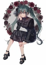Rule 34 | 1girl, black bow, black dress, black footwear, black hat, bow, closed mouth, commentary, danjou sora, dress, flower, full body, green eyes, green hair, grey nails, hair between eyes, hat, hatsune miku, high heels, highres, long hair, long sleeves, mini hat, nail polish, red flower, shoes, smile, solo, symbol-only commentary, tilted headwear, twintails, very long hair, vocaloid, white background
