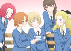 Rule 34 | 5girls, :o, absurdres, arm around back, assam (girls und panzer), bench, black bow, black neckwear, black ribbon, blonde hair, blue eyes, blue sweater, blush, bow, braid, brown eyes, brown hair, closed eyes, closed mouth, commentary, cup, darjeeling (girls und panzer), dress shirt, emblem, girls und panzer, gradient background, hair bow, hair ornament, hair over shoulder, hair pulled back, hair ribbon, hairclip, hand on own hip, hands on own thighs, head tilt, highres, holding, holding saucer, light blush, long hair, long sleeves, looking at another, medium hair, multiple girls, necktie, open mouth, orange hair, orange pekoe (girls und panzer), oze (xyz go go11), pantyhose, parted bangs, parted lips, pink background, red hair, ribbon, rosehip (girls und panzer), rukuriri (girls und panzer), saucer, school uniform, shirt, short hair, single braid, sitting, sleeping, smile, st. gloriana&#039;s (emblem), st. gloriana&#039;s school uniform, standing, sweater, teacup, twin braids, v-neck, v arms, white shirt, wing collar