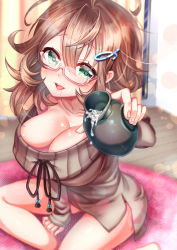 Rule 34 | 1girl, absurdres, ahoge, alcohol, bare shoulders, blush, bottle, breasts, brown hair, cleavage, dress, drunk, glasses, green eyes, hair ornament, hairclip, heart, heart-shaped pupils, highres, large breasts, looking at viewer, messy hair, naughty face, no pants, open mouth, original, perspective, sake, sake bottle, saliva, sitting, on floor, solo, spill, spilling, sweater, sweater dress, symbol-shaped pupils, teltelhousi