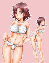 Rule 34 | 1girl, ass, bad id, bad pixiv id, barefoot, bent over, breasts, brown eyes, brown hair, covered erect nipples, frontal wedgie, fundoshi, geru (anorexia), highres, japanese clothes, large breasts, looking back, pink eyes, pink hair, sarashi, self wedgie, sengoku musou, sengoku musou 2, short hair, solo, tachibana ginchiyo, thong, wedgie
