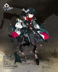Rule 34 | 1girl, :o, black cat, black footwear, black gloves, black hair, black pantyhose, black skirt, buckle, cat, character name, cherry blossom print, cherry blossoms, coat, commentary, copyright name, english commentary, fingerless gloves, floral print, flower, full body, girls&#039; frontline, gloves, green bag, gun, hair flower, hair ornament, hair ribbon, high-waist skirt, highres, holding, holding gun, holding weapon, karei, loafers, long sleeves, looking at viewer, neckerchief, official alternate costume, official art, pantyhose, parted lips, pink neckerchief, pleated skirt, pouch, red eyes, red scarf, ribbon, scarf, second-party source, shoes, skirt, snap-fit buckle, solo, standing, standing on one leg, striped ribbon, submachine gun, trigger discipline, type 100 (girls&#039; frontline), type 100 (mod3) (girls&#039; frontline), type 100 smg, weapon, white coat, white ribbon