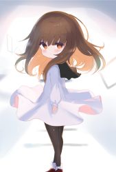 Rule 34 | 1girl, bad id, bad pixiv id, black pantyhose, brown eyes, brown footwear, brown hair, child, commentary request, deemo, dress, from behind, girl (deemo), highres, long hair, looking back, pantyhose, shoes, simple background, solo, white background, white dress, wind, wind lift, yinpa (wanone500511)