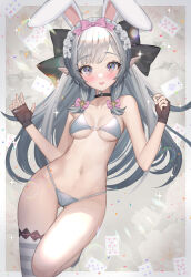 Rule 34 | 1girl, ace (playing card), ace of spades, animal ears, asymmetrical bangs, bikini, blush, border, bow, breasts, card, choker, cleavage, collarbone, fake animal ears, fingerless gloves, frilled headwear, gloves, gluteal fold, grey bikini, grey hair, hair bow, highres, hitowa, long hair, looking at viewer, maid headdress, open mouth, original, outside border, pink bow, playing card, pointy ears, purple eyes, sidelocks, single thighhigh, small breasts, solo, spade (shape), string bikini, striped clothes, striped thighhighs, swimsuit, teeth, thighhighs, thighs, two-tone thighhighs, upper teeth only