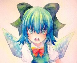 Rule 34 | 1girl, angry, blue eyes, blue hair, bow, cirno, hair bow, ice, ice wings, matching hair/eyes, open mouth, painting (medium), solo, touhou, traditional media, watercolor (medium), wings, yuyu (00365676)