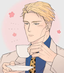 Rule 34 | 1boy, animal print, blonde hair, blue shirt, commentary request, cup, ega (egavinote), formal, grey eyes, highres, holding, holding cup, holding saucer, jujutsu kaisen, korean commentary, leopard print, long sleeves, male focus, nanami kento, necktie, portrait, saucer, shirt, short hair, solo, suit, teacup, yellow necktie