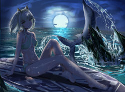 Rule 34 | 1girl, absurdres, alternate costume, animal, animal ears, arknights, barefoot, bikini, blue sky, breasts, cat ears, cleavage, cleavage cutout, clothing cutout, cloud, cloudy sky, collarbone, commentary request, criss-cross halter, fish, from side, full body, green bikini, green eyes, halterneck, head tilt, highres, kal&#039;tsit (arknights), knee up, leaning, leaning back, light green hair, looking at viewer, material growth, medium breasts, medium hair, mon3tr (arknights), moon, navel, night, night sky, ocean, oripathy lesion (arknights), outstretched leg, shuimonianhua, sidelocks, sitting, sitting on object, sky, solo, surfboard, surfing, swimsuit, swordfish, underboob, water