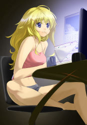 Rule 34 | 1girl, bad id, bad pixiv id, barefoot, blonde hair, blue eyes, book, breasts, camisole, computer, curly hair, eating, glaring, hair ornament, hairclip, instrument, large breasts, long hair, midriff, mouth hold, original, paper, reflection, shorts, solo, unowen