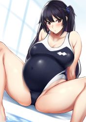 Rule 34 | 1girl, bare shoulders, black hair, blue scrunchie, blush, breasts, cameltoe, cleavage, cove, covered navel, crotch seam, hara mizuki, highleg, highleg swimsuit, highres, kusahagane, large breasts, long hair, looking at viewer, md5 mismatch, mole, mole under eye, one-piece swimsuit, original, parted lips, poolside, pregnant, resolution mismatch, scrunchie, sitting, soaking feet, solo, source larger, spread legs, swimsuit