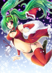 Rule 34 | 1girl, :d, bad id, bad pixiv id, black panties, bow, bowtie, breasts, cleavage, covered erect nipples, detached sleeves, female focus, gradient background, green hair, hairband, hat, large breasts, long hair, maki (seventh heaven maxion), open mouth, original, panties, red eyes, red thighhighs, sack, santa costume, santa hat, side-tie panties, smile, solo, sparkle, thighhighs, twintails, underwear