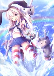 Rule 34 | &gt; &lt;, 10s, 1girl, :3, anchor, armpits, black panties, blonde hair, blue sky, closed eyes, cloud, day, elbow gloves, gloves, hair ribbon, kantai collection, looking at viewer, midriff, miniskirt, neckerchief, non (nobu), one eye closed, open mouth, panties, pleated skirt, rainbow, ribbon, school uniform, serafuku, shimakaze (kancolle), shirt, skirt, sky, smile, solo, splashing, striped clothes, striped thighhighs, thighhighs, underwear, water, white gloves, wink, yellow eyes, zettai ryouiki