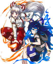 Rule 34 | &gt;:d, 2girls, :d, arm at side, baggy pants, bangle, bare arms, bare legs, barefoot, black hoodie, blue bow, blue eyes, blue hair, blue skirt, bow, bracelet, closed mouth, collared shirt, commentary request, debt, fire, fujiwara no mokou, hair bow, hand up, highres, hood, hood down, hoodie, jewelry, long hair, long sleeves, looking to the side, matinmorgen, multicolored bow, multiple girls, ofuda, ofuda on clothes, open mouth, outstretched arm, pants, red bow, red eyes, red pants, shirt, short sleeves, silver hair, simple background, skirt, smile, suspenders, touhou, v-shaped eyebrows, very long hair, white background, white bow, white shirt, yorigami shion