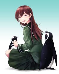 Rule 34 | 1girl, absurdres, bird, breasts, brown eyes, brown hair, earrings, green sailor collar, green serafuku, green skirt, highres, jewelry, junk life, kantai collection, long hair, long sleeves, looking at viewer, ooi (kancolle), open mouth, penguin, pleated skirt, sailor collar, school uniform, serafuku, sitting, skirt, small breasts, smile, solo, stud earrings