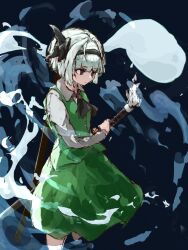 Rule 34 | 1girl, ascot, black ascot, black background, black hairband, closed mouth, commentary request, feet out of frame, ghost, green skirt, green vest, grey eyes, grey hair, hairband, highres, holding, holding sword, holding weapon, konpaku youmu, konpaku youmu (ghost), long sleeves, myui17901139, shirt, short hair, sketch, skirt, solo, standing, sword, touhou, vest, weapon, white shirt