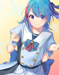 Rule 34 | 1girl, absurdres, blue hair, bow, buttons, closed mouth, commentary, curled fingers, double-breasted, hair between eyes, hair bow, hair ornament, highres, looking at viewer, multicolored hair, original, purple eyes, red hair, short sleeves, smile, solo, star (symbol), striped, two-tone hair, upper body, v-shaped eyebrows, vertical stripes, virtual youtuber, wrist cuffs, yoshimori isa
