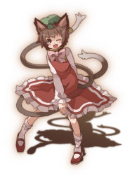 Rule 34 | 1girl, animal ears, bad id, bad pixiv id, bow, brown hair, cat ears, cat girl, cat tail, chachi (azuzu), chen, earrings, female focus, hat, jewelry, multiple tails, open mouth, short hair, single earring, smile, solo, tail, touhou, wink