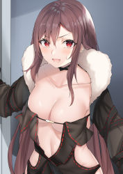 Rule 34 | 1girl, absurdres, black dress, blush, breasts, brown hair, center opening, cleavage, collarbone, dress, earrings, fate/grand order, fate (series), fur-trimmed jacket, fur trim, gloves, highres, jacket, jewelry, large breasts, long hair, long sleeves, looking at viewer, multiple earrings, open mouth, panties, red eyes, ribbon-trimmed dress, solo, underwear, very long hair, yu mei-ren (fate), yufou