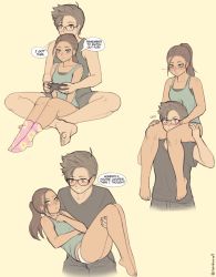 Rule 34 | 1boy, 1girl, :&lt;, barefoot, black-framed eyewear, blush, brown eyes, brown hair, carrying, commentary, controller, couple, english commentary, english text, freckles, game controller, glasses, green eyes, hetero, long hair, original, panties, ponytail, princess carry, razalor, shoulder carry, simple background, sitting, sitting on lap, sitting on person, smile, tank top, triangle mouth, twitter username, underwear, white panties, yellow background