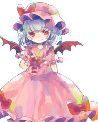 Rule 34 | 1girl, ascot, bat wings, blue hair, dress, hat, hat ribbon, hiyuu (hiyualice), mob cap, pink dress, pink hat, red ascot, red eyes, remilia scarlet, ribbon, short hair, solo, teeth, touhou, upper teeth only, white background, wings