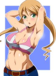 Rule 34 | 1girl, :o, armpits, arms behind head, belt, blonde hair, blush, breasts, bustier, cleavage, drill hair, earrings, green eyes, gundam, gundam tekketsu no orphans, hara (harayutaka), heart, heart earrings, highres, jewelry, lafter frankland, large breasts, long hair, looking at viewer, navel, short shorts, shorts, solo, steam, sweat, twin drills, twintails