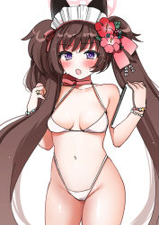 Rule 34 | 1girl, absurdres, animal ears, bikini, blue archive, blush, bracelet, breasts, brown hair, choker, flower, hair flower, hair ornament, halo, highleg, highleg bikini, highres, jewelry, long hair, looking at viewer, maid headdress, open mouth, pink choker, pink flower, red flower, saburou 03, shizuko (blue archive), shizuko (swimsuit) (blue archive), simple background, small breasts, solo, swimsuit, twintails, two side up, very long hair, white background, white bikini