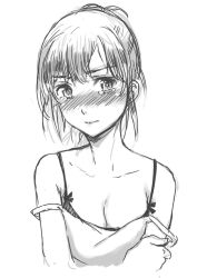 Rule 34 | 1girl, bare shoulders, blush, breasts, cleavage, collarbone, cuvie, full-face blush, greyscale, looking at viewer, monochrome, original, short hair, small breasts, solo, strap slip, tears, upper body