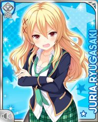 Rule 34 | 1girl, angry, blonde hair, blue background, card (medium), character name, crossed arms, cut out, dress, earrings, girlfriend (kari), green dress, green neckwear, jewelry, necktie, official art, open mouth, plaid, plaid dress, qp:flapper, red eyes, ryugasaki juria, school uniform, shirt, standing, tagme, white shirt