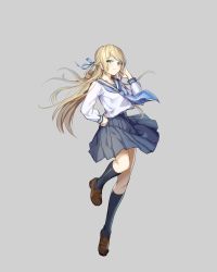 Rule 34 | 1girl, absurdres, akamoku, bad id, bad pixiv id, black skirt, black socks, blonde hair, blouse, blue eyes, blue neckerchief, blue ribbon, brown footwear, clenched hand, closed mouth, commentary, frown, glaring, grey background, hair ribbon, half-closed eyes, hand in own hair, hand on own hip, highres, leg up, loafers, long hair, long sleeves, looking at viewer, miniskirt, neckerchief, original, pleated skirt, ribbon, school uniform, serafuku, shirt, shoes, simple background, skirt, socks, solo, standing, standing on one leg, swept bangs, uniform, white shirt, wind