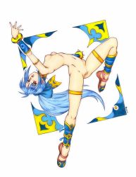 Rule 34 | 1girl, :o, anklet, antenna hair, arched back, armband, armlet, armpits, bangle, blue hair, blue ribbon, bow, bracelet, breasts, breasts apart, censored, dancer, dancing, feet, flexible, from side, full body, game console, hair bow, harumachi nagaaki, high ponytail, highres, jewelry, leg lift, legs, long hair, looking at viewer, lots of jewelry, meru (dragoon), mosaic censoring, navel, nipples, no socks, nude, open mouth, outstretched arms, petite, ponytail, purple eyes, pussy, red eyes, retro artstyle, ribbon, sandals, shoes, sidelocks, signature, simple background, skinny, small areolae, small breasts, small nipples, smile, solo, spread legs, standing, standing on one leg, the legend of dragoon, thighlet, traditional media, very long hair, white background, wingly