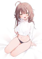 Rule 34 | 1girl, :d, absurdres, ahoge, airenif, alternate costume, arm support, black bra, black panties, blush, bra, breasts, brown eyes, brown hair, commentary, cropped shirt, english commentary, full body, highres, hololive, hololive english, long hair, looking at viewer, multicolored hair, nanashi mumei, navel, no pants, open mouth, panties, see-through, shirt, sitting, smile, solo, stomach, streaked hair, turtleneck, underwear, virtual youtuber, white shirt