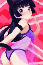 Rule 34 | 1girl, alternate costume, animal ears, arm behind back, arm strap, armpit crease, ass, blunt bangs, blunt ends, blush, bra, breasts, cat ears, cat tail, commentary, commentary request, cowboy shot, english commentary, frilled bra, frilled panties, frills, from behind, gokou ruri, hand up, heart, highres, hime cut, long hair, looking at viewer, looking back, mixed-language commentary, mole, mole under eye, ore no imouto ga konna ni kawaii wake ga nai, panties, pink background, purple bra, purple eyes, purple hair, purple panties, shiny skin, small breasts, solo, tail, tanaka yutaka, underwear, valentine