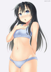 Rule 34 | 10s, 1girl, arm behind back, asashio (kancolle), bad id, bad pixiv id, black hair, blue bra, blue eyes, blue panties, blush, bow, bow bra, bra, breasts, chestnut mouth, collarbone, cowboy shot, grey background, hand on own chest, kankitsunabe (citrus), kantai collection, long hair, navel, nose blush, open mouth, panties, simple background, small breasts, solo, training bra, twitter username, underwear, underwear only, white background