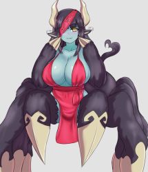 Rule 34 | 1girl, :3, alternate costume, animal ears, animal hands, arachne, arthropod girl, black hair, blue skin, blunt bangs, blush, breasts, claws, collarbone, colored skin, dress, ear wiggle, eyepatch, fangs, fangs out, fur, grey background, heart, heart tail, highres, horns, huge breasts, insect girl, long hair, looking at viewer, monster girl, monster girl encyclopedia, nav (itsnav), one eye covered, pelvic curtain, red dress, simple background, smile, solo, spider girl, tail, taur, ushi-oni (monster girl encyclopedia), yellow eyes