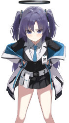 Rule 34 | 1girl, absurdres, belt, black gloves, black skirt, black vest, blue archive, blue eyes, blue hair, blue necktie, blush, breasts, closed mouth, collared shirt, commentary request, feet out of frame, frown, gloves, halo, hands on own hips, highres, jacket, leaning forward, long sleeves, looking at viewer, mechanical halo, medium breasts, necktie, off shoulder, pleated skirt, shirt, simple background, skirt, solo, standing, takkun0926, two side up, vest, white background, white belt, white jacket, white shirt, yuuka (blue archive)