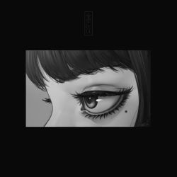 Rule 34 | 1girl, black background, blunt bangs, close-up, commentary, english commentary, eye focus, eyelashes, greyscale, kawakami tomie, looking away, mixed-language commentary, mole, mole under eye, monochrome, profile, sanpaku, solo, tomie, vocky